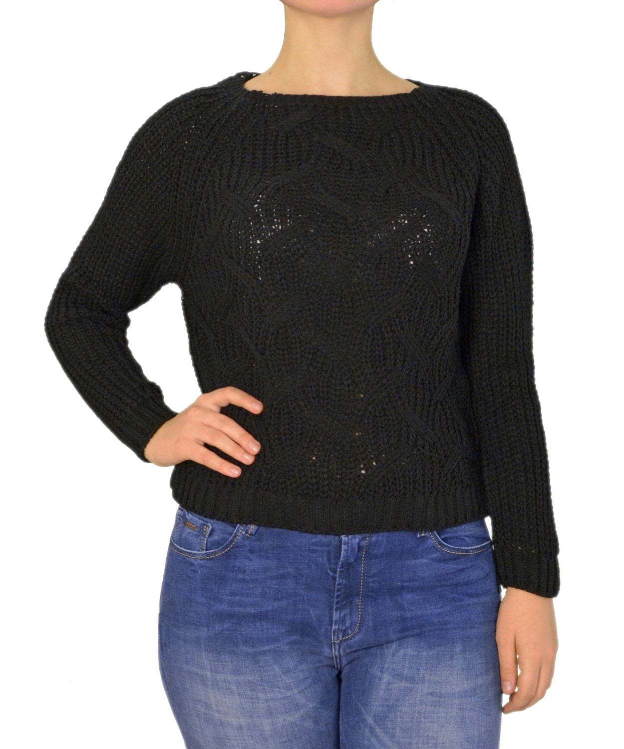 Γυναικεία μακρυμάνικη πλεκτή κοντή μπλούζα μαύρη 289345F